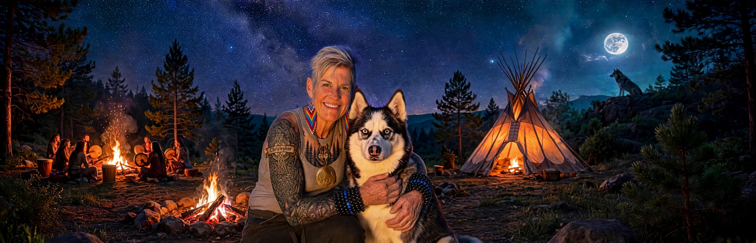 Karen and Sage at the fire circle under the full moon